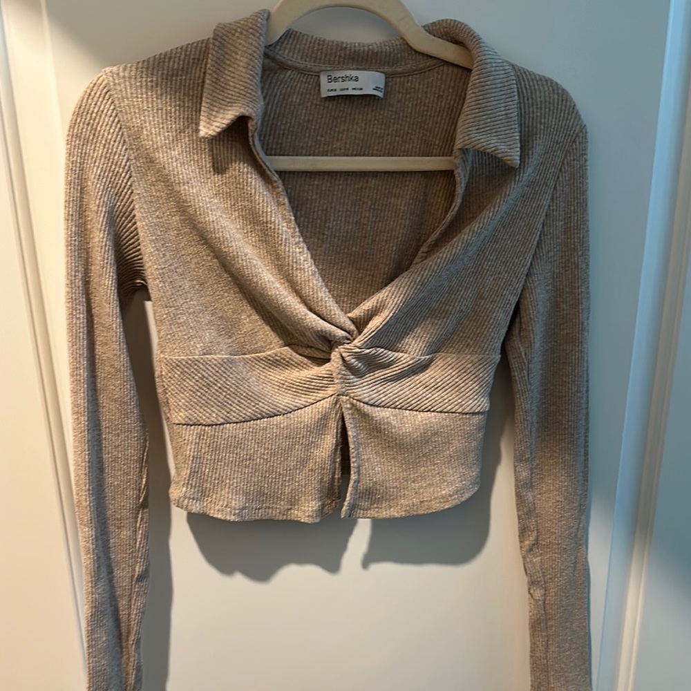 Bershka Beige Ribbed Crop Top
